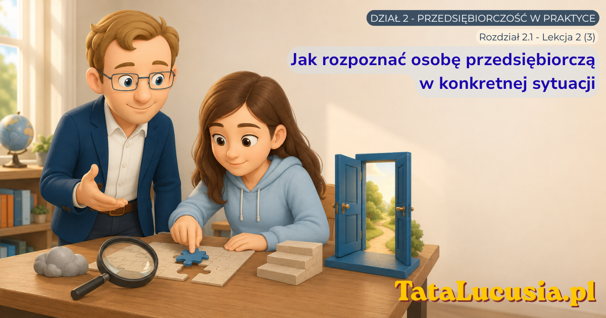 Tata Lucusia pomaga uczniowi przejść od analizy sytuacji i zachowania bohatera do rozpoznania cechy osoby przedsiębiorczej oraz wykorzystanej szansy.