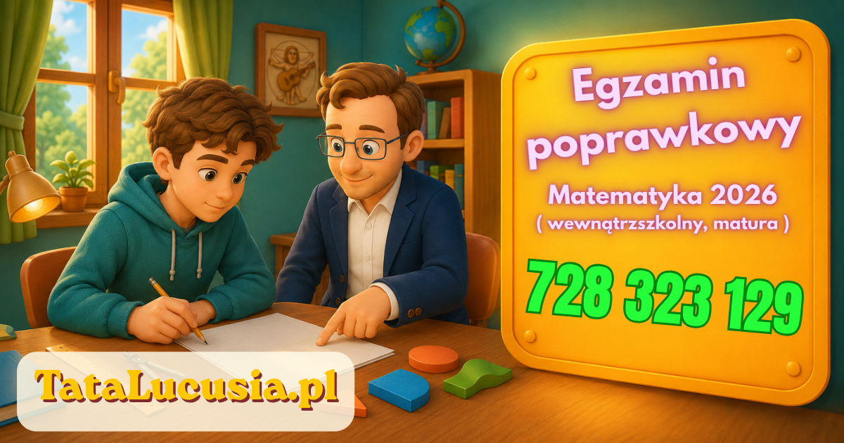 Pozioma grafika edukacyjna w stylu Taty Lucusia. Tata Lucusia siedzi przy biurku z uczniem i arkuszem matematycznym, obok znajduje się bardzo duże, jaskrawe pole z numerem telefonu 728323129.