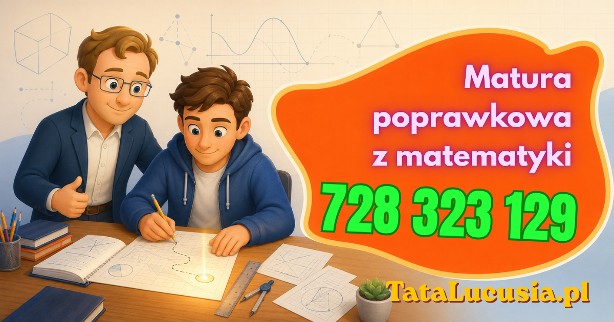 Baner reklamowy do artykułu o korepetycjach do matury poprawkowej z matematyki 2026. Widoczny maturzysta, biurko z notatkami, arkuszami i elementami matematycznymi oraz duże, puste, bardzo wyeksponowane miejsce na numer telefonu.