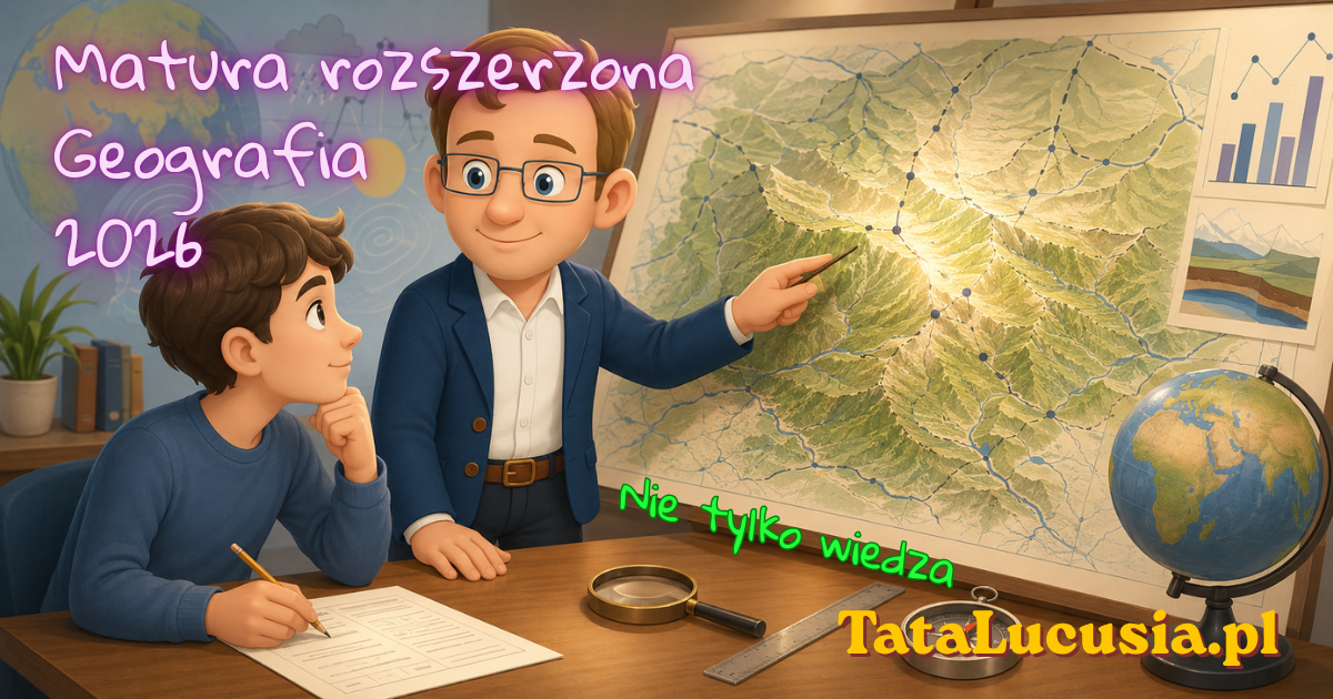 Pozioma grafika edukacyjna z Tatą Lucusia, mapą Beskidu Śląskiego, arkuszem maturalnym, wykresami i globusem, przedstawiająca spokojną analizę matury z geografii rozszerzonej 2026.
