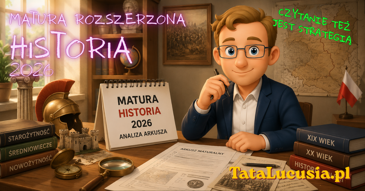 Pozioma ilustracja edukacyjna. Arkusz maturalny z historii leży na biurku jak mapa pełna wskazówek. Obok widać lupę, pióro, stare dokumenty, szkic mapy i symboliczne źródła historyczne. Tata Lucusia spokojnie pokazuje uczniowi, że warto zacząć od analizy