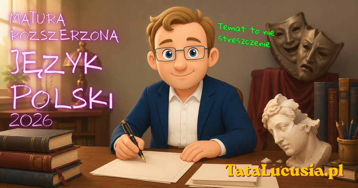 Szeroka ilustracja edukacyjna przedstawiająca arkusz maturalny z języka polskiego, książki, pióro i spokojne światło padające na plan wypracowania.